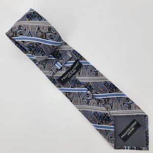 Pronto Uomo Couture 100% Silk Hand Made Blue Gold Silver Paisley Necktie 60x3.5